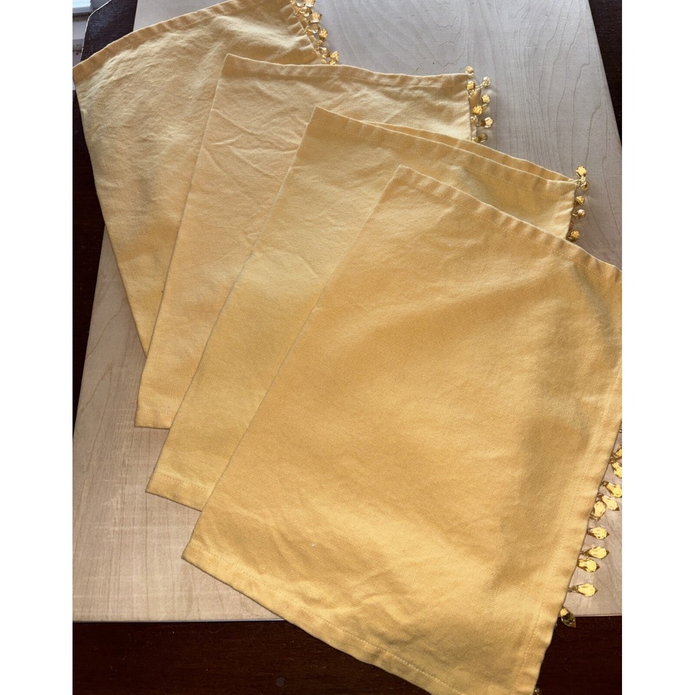 Pottery Barn LOT of 4 Napkins Gold Beaded 14" x 19" Cotton Dark Yellow